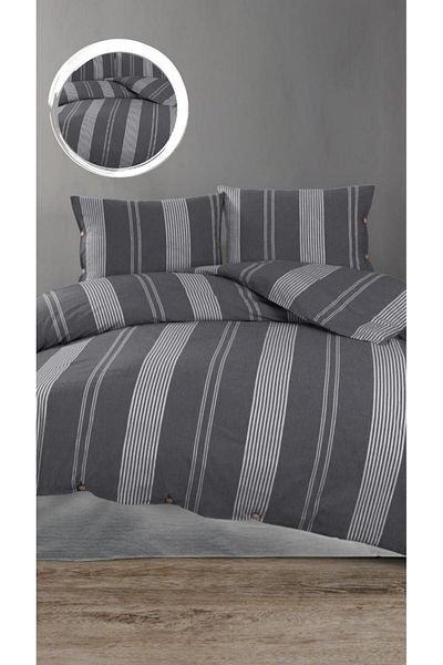Bayev Ranforce Fabric Διπλό Βαμβακερό Σετ Παπλωματοθήκης - Ριγέ ασπρόμαυρα σεντόνια, Παπλωματοθήκη και Μαξιλάρι
