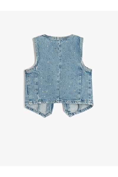 Koton Star Detailed V-Neck Sleeveless Cotton Denim Vest
