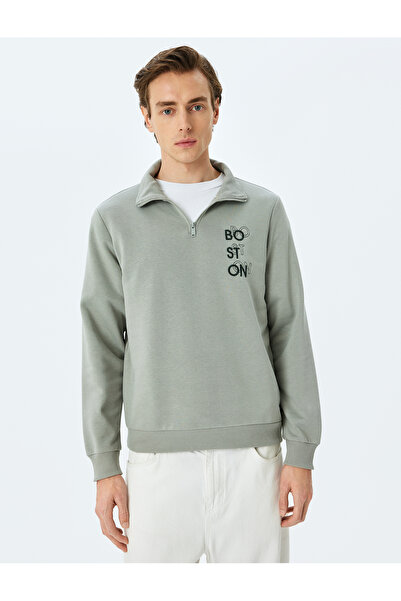 Koton Langärmliges Sweatshirt mit halbem Reißverschluss aus bestickter Baumwollmischung