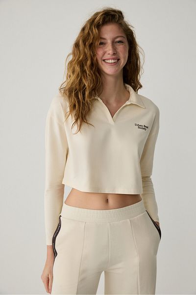 Urban Beat EUDORA Urbanbeat Damen-T-Shirt mit Polokragen, Knopfleiste und langen Ärmeln, bedruckt und detailliert, Ecru