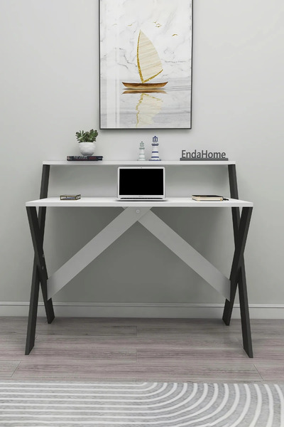 Reyo Home Enda X Ayaklı Raflı Ders Çalışma Masası 50x90 cm Antrasit - Beyaz