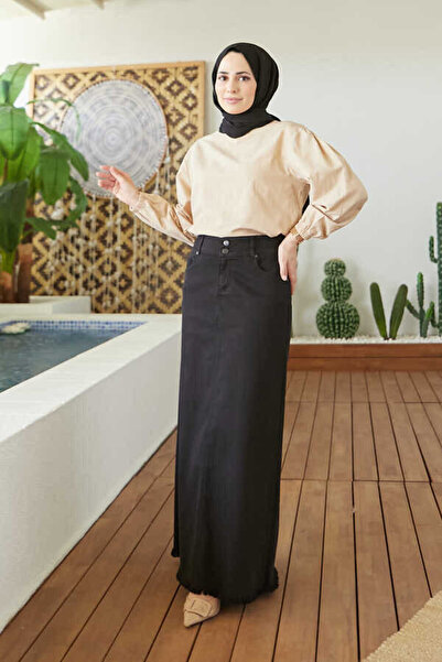 Neways 2252-Denim Eteği Püsküllü Etek Siyah