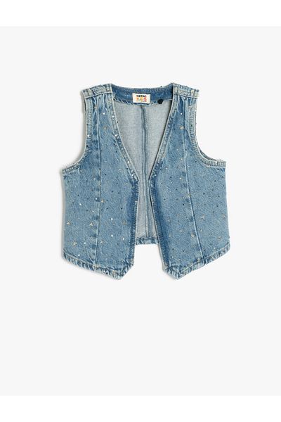 Koton Star Detailed V-Neck Sleeveless Cotton Denim Vest