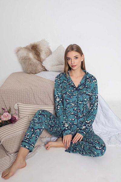 GUAVA+ Sandy Collar Front Button Turquoise Patterned Women's Long Sleeve Pjamas Suit