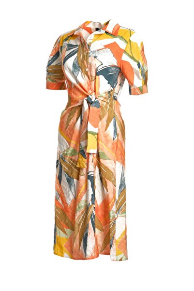 Ysatis Πουκάμισο με γιακά με μοτίβο τριών τετάρτων μανίκι πορτοκαλί γυναικείο φόρεμα 24244000103