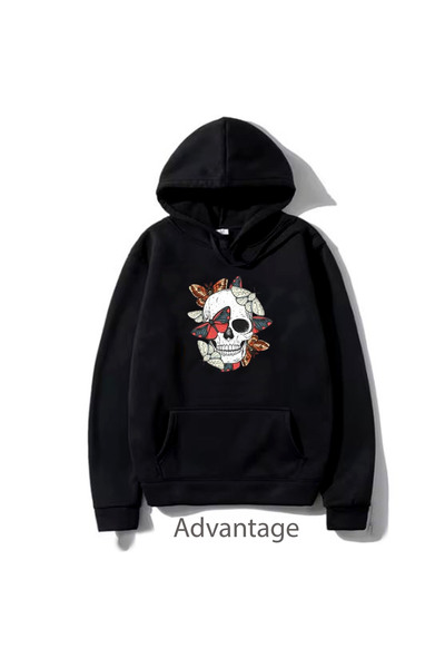Korefanzin Кодова тенденція Череп Скелет Метелик Принт Чорний Світшот з капюш...