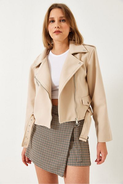 Bianco Lucci Women's Pocket Detailed Belted Lined Short Stamp Biker Jacket 2446 60351313