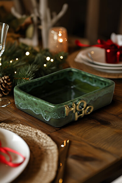 Koza Home Gleam Yeşil Seramik El Yapımı Çerezlik 2Li Set Altın Kaplama Ho-Ho Kabartmalı 2150