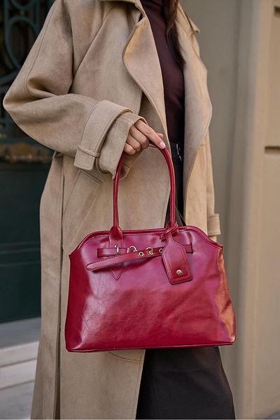 Madamra Rote Retro-Handtasche für Damen mit Gürteldetail