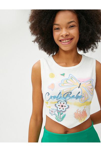 Koton Printed Undershirt Crop Asymmetrical Cut Crew Neck Ribbed