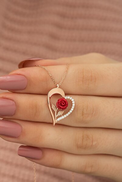 Nereze 925 Ayar Rose Kırmızı Gül Kalp Kadın Gümüş Kolye