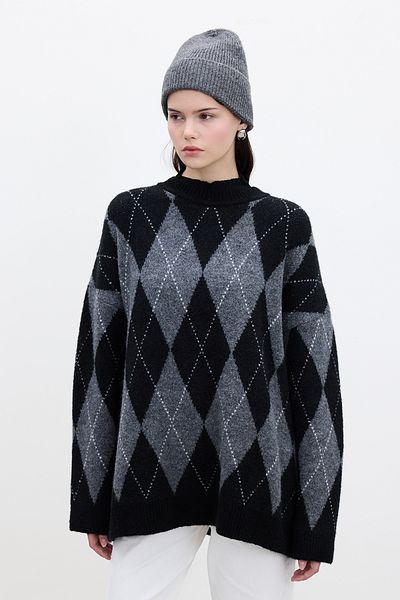 Manuka Schwarzer Oversize-Pullover – Rautenmuster