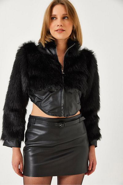 Bianco Lucci Women's Leather Garni Detailed Crop Faux Fur Jacket 2622 60351314
