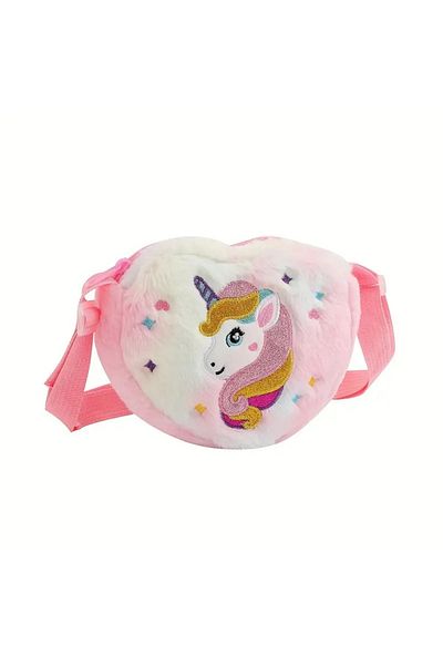 GlassySKY Plush Unicorn Embroidered Heart Crossbody Bag - Adjustable Strap