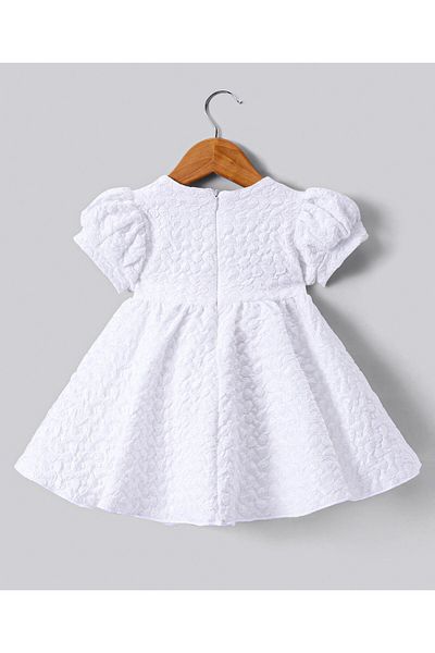Bonfino Bonfino Woven Half Puffed Sleeves Fit & Flared Textured Party Frock with Bow Applique - White