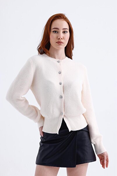 Butik Bisiklet Yaka İnci Düğmeli Yumuşak Doku Hırka