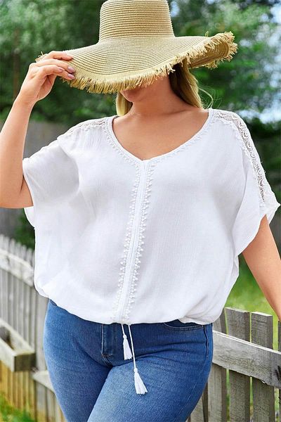 Zer Otantik Ecru Plus Size Δαντελένια Μπλούζα με λαιμόκοψη V