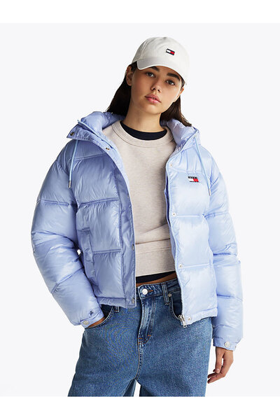 Tommy Hilfiger Kadın Mavi Parlak Kapşonlu Şişme Mont