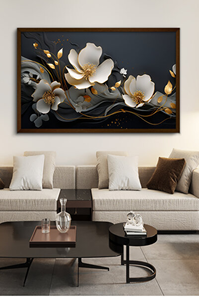 Evinemoda Çiçekler Gold Detay Tek Parça Kahverengi Çerçeveli Kanvas - Canvas ...
