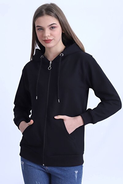 Deafox Black Zippered and Hooded Women's Cardigan