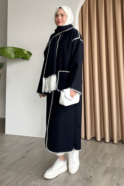 InStyle Κασμίρ Μακρύ Μπλε Μπουφάν με Φουλάρι και Τσέπες