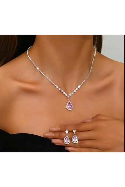 Magic Galeria Pembe Taşlı Zirkonyum Parlak Takı Seti