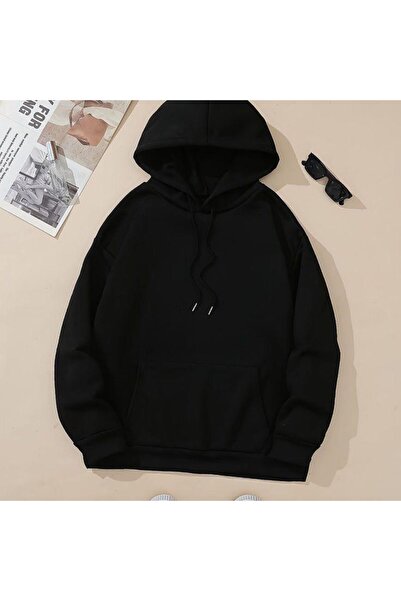 FİTGO Hanorac unisex negru cu glugă, cu buzunar cangur