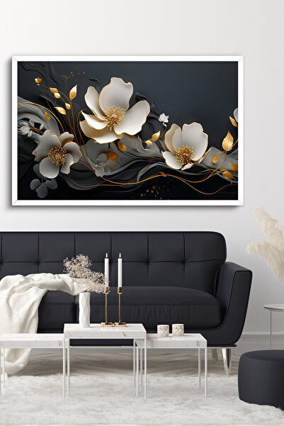 Evinemoda Çiçekler Gold Detay Tek Parça Beyaz Çerçeveli Kanvas - Canvas Tablo