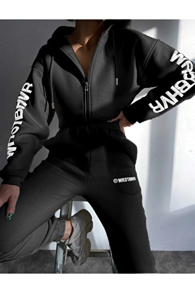 C&C OKULCUNUZ Kadın Wrst Baskılı Fermuarlı Siyah Eşofman Takımı