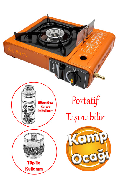 Badem10 Portatif Taşınabilir Kamp Ocağı Tek Gözlü Turuncu Renk Kartuşlu Tüp B...