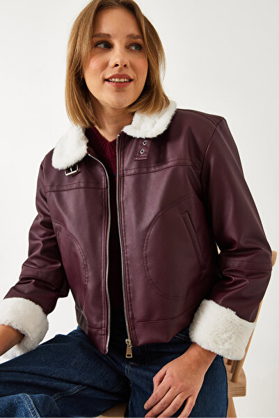 Bianco Lucci Palton de damă din piele cu guler de blană și cataramă