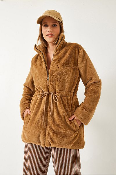 Bianco Lucci Women's Zippered Long Elastic Waist Fur Coat 204960141006
