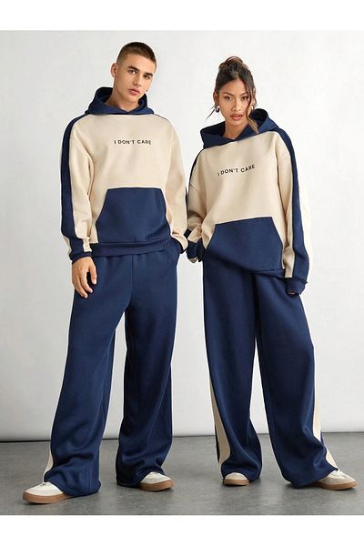 Trendseninle Σετ αθλητικής φόρμας Navy Blue Beige Γυναικεία-Ανδρική - Ζευγάρι Συνδυασμός 2 τεμαχίων