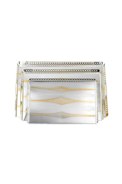 Dania 3 Pieces Silver and Gold Decorated Rectangular Metal Tray Set