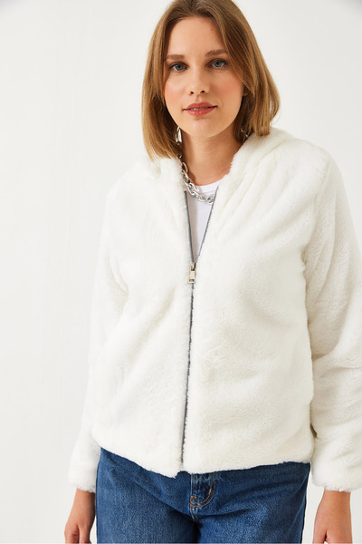 Bianco Lucci Damen-Plüschpelzmantel mit Kapuze