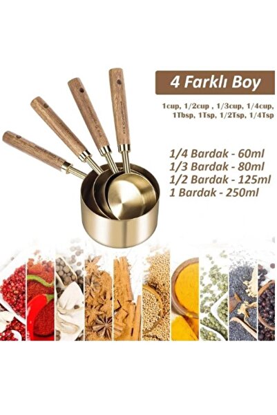 Kitchen Beauty 4 Adet Büyük Boy Paslanmaz Çelik Ahşap Saplı Ölçü Kaşığı Seti Ölçü Kabı 60ml 80ml 125ml 250ml