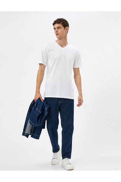 Koton T-Shirt mit V-Ausschnitt, Basic-Kurzarm-Baumwolle