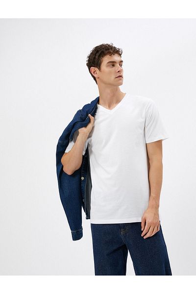 Koton T-Shirt mit V-Ausschnitt, Basic-Kurzarm-Baumwolle