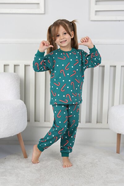 Minik Dolap Green Unisex Children's Pajamas Set - Candy Pattern, 100% Cotton