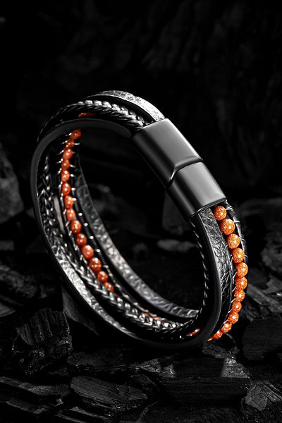 OSMANLI GÜMÜŞ Men's Leather Bracelet - Natural Star Stone Inside, Multiple Retro Stainless Knit Cord