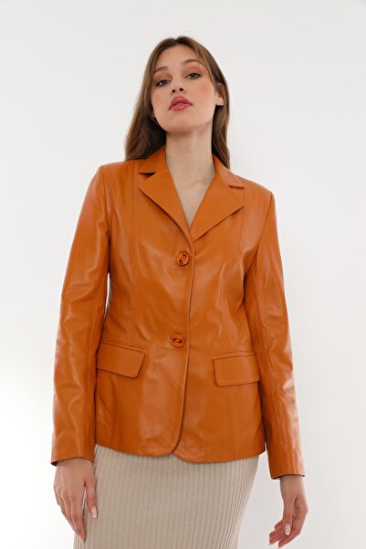 Basics&More Women's Plain Blazer Camel Genuine Leather Jacket - Ipawblazer