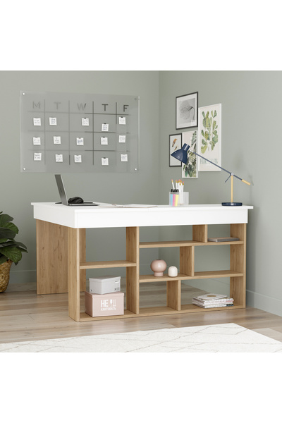 Yurudesign Tywin Kitaplık Raflı Çalışma Masası Sepet-Beyaz CT5-SW