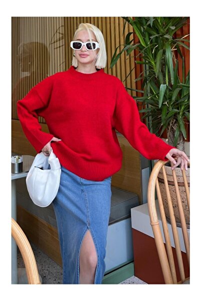 ELBA STİL Red Crew Neck Oversize Knitwear Sweater