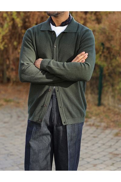hateko Ζακέτα πλεκτό πουκάμισο με γιακά από 100% βαμβακερό χακί βάφλα