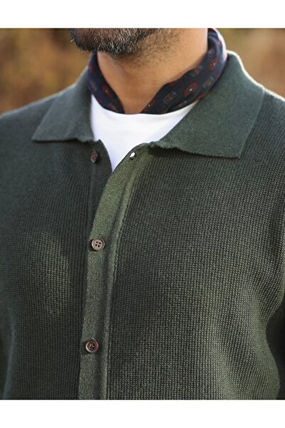 hateko 100% Cotton Khaki Waffle Knitted Shirt Collar Knitwear Cardigan