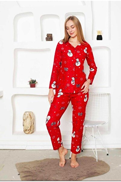 PİJAMUS yeni yıl temalı önden düğmeli süet kırmızı pijama takımı