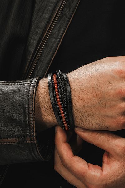 OSMANLI GÜMÜŞ Men's Leather Bracelet - Natural Star Stone Inside, Multiple Retro Stainless Knit Cord