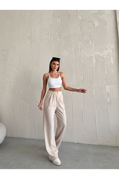 modazoom Beigefarbene, plissierte Palazzo-Hose aus Lycra mit hoher Taille für Damen