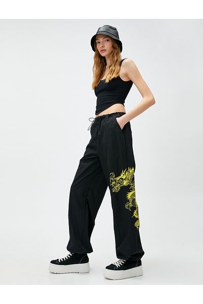 Koton Dragon Printed Parachute Trousers with Gathered Waist and Legs