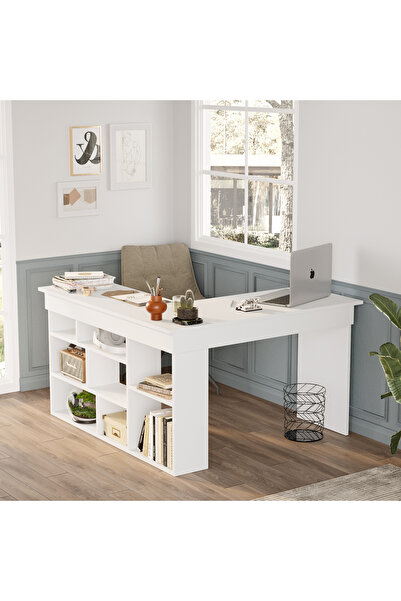 Yurudesign Tywin Kitaplık Raflı Çalışma Masası Beyaz CT5X-W
